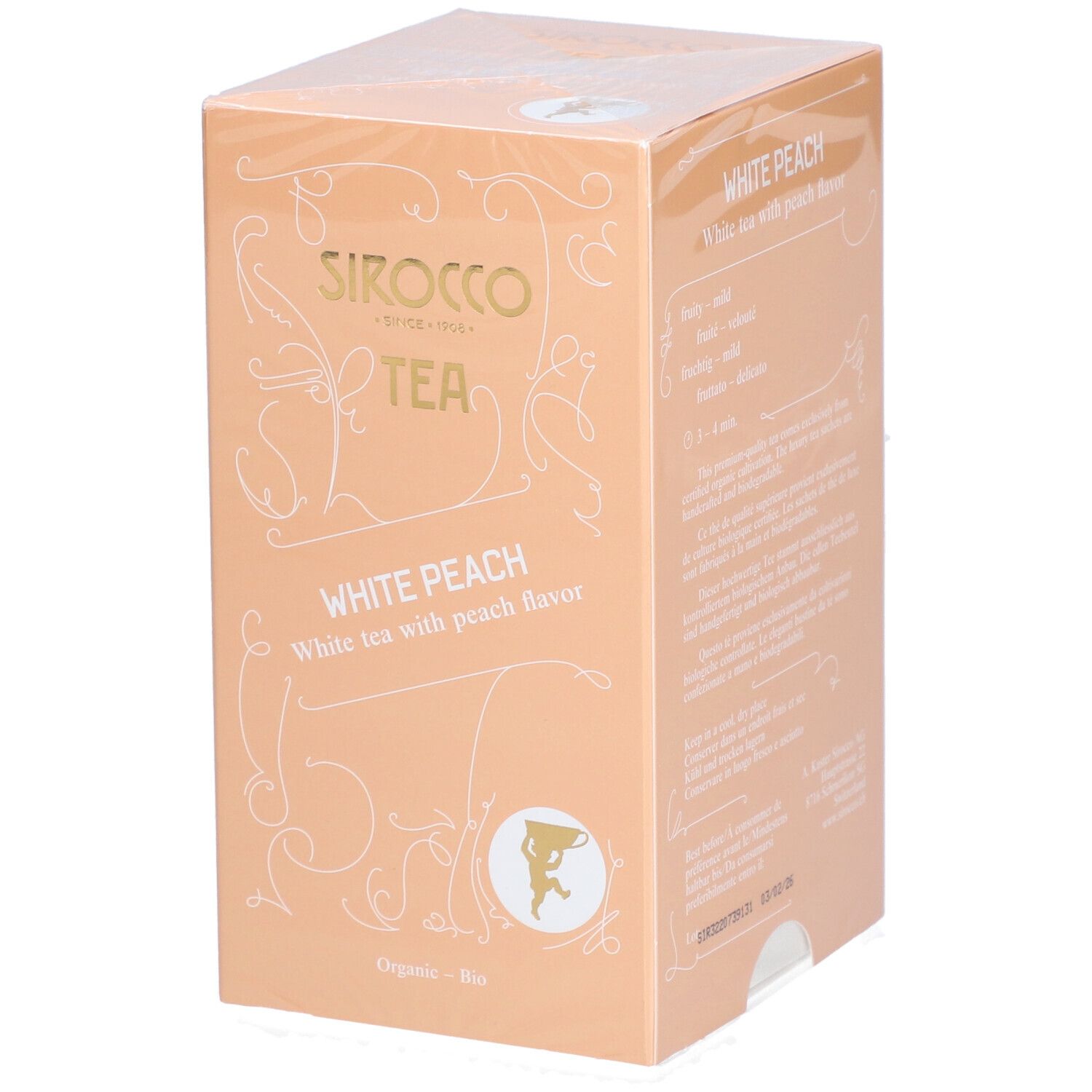 Doos Sirocco thee, Witte perzik. Opschrift: White Peach, witte thee met perziksmaak. Logo en tekst in goud.