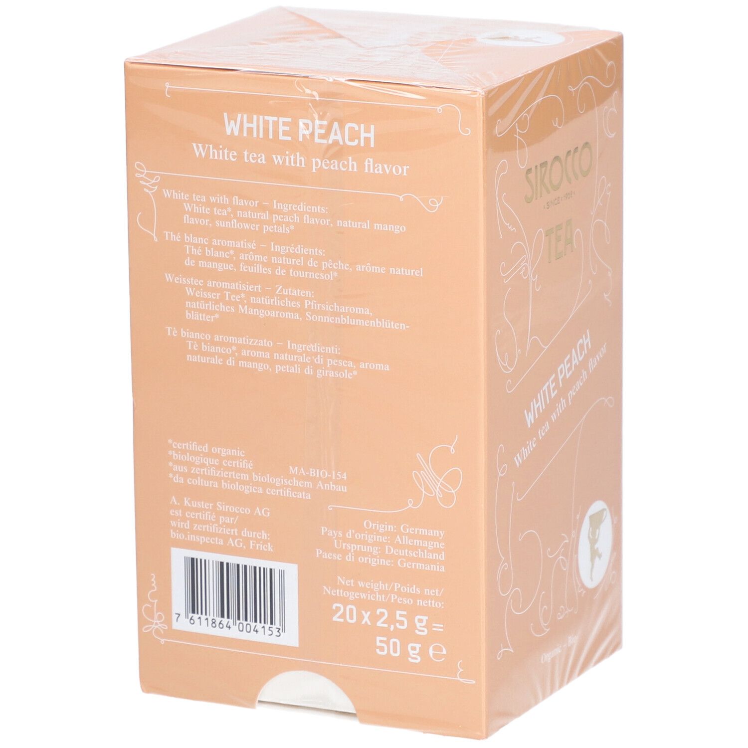 Achterkant van de theedoos. Ingrediëntenlijst, voedingswaarde-informatie en fabrikantgegevens. Opschrift: White Peach, witte thee met perziksmaak.