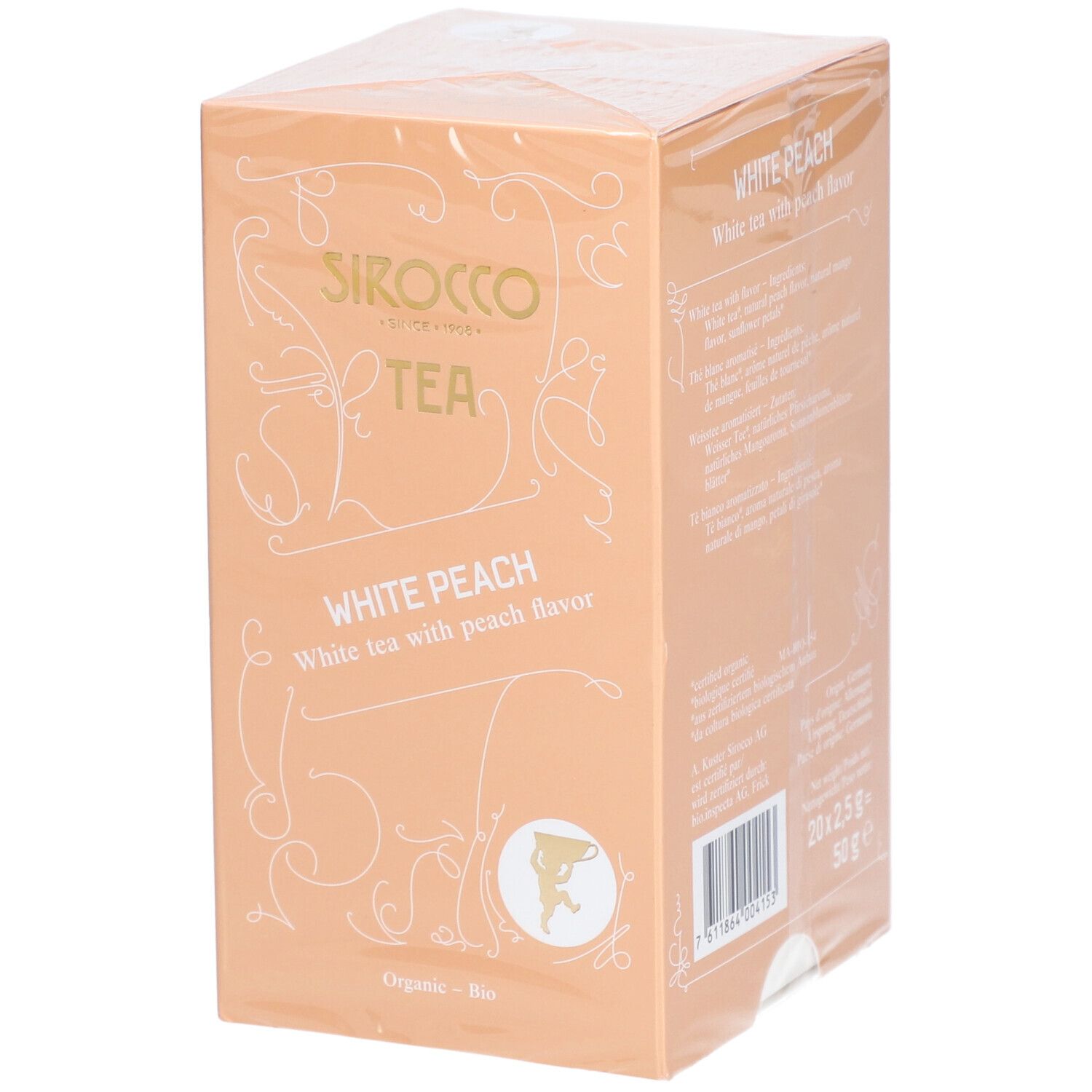 Theedoos verpakt in folie. Opschrift: Sirocco Tea, White Peach, witte thee met perziksmaak. Logo en tekst in goud.