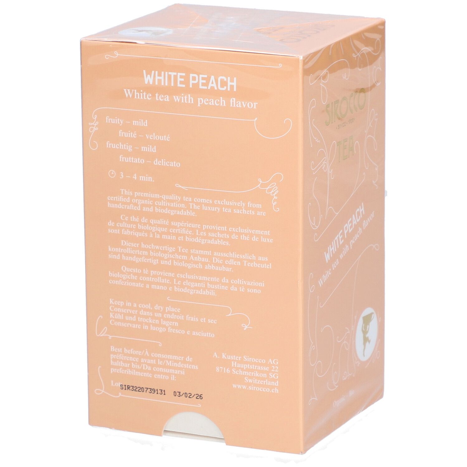 Achterkant van de theedoos. Opschrift: White Peach, witte thee met perziksmaak. Bereidingsinstructies en houdbaarheidsdatum.