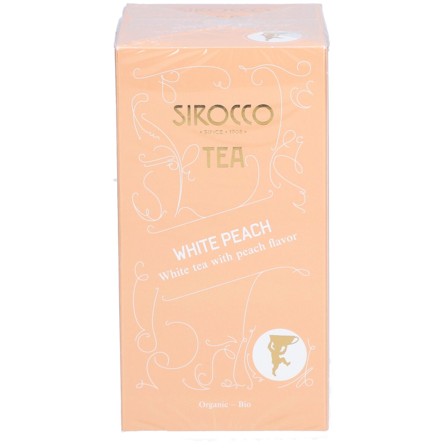 Voorkant van de theedoos. Opschrift: Sirocco Tea, White Peach, witte thee met perziksmaak. Logo en tekst in goud.