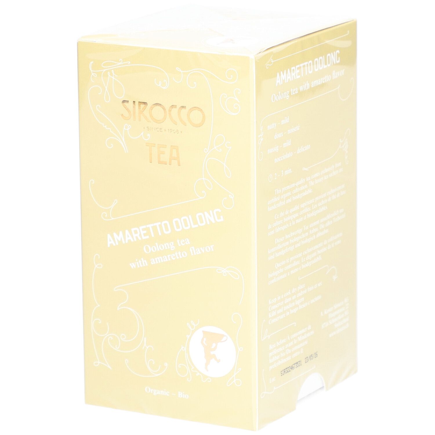 Boîte jaune "Sirocco Tea Amaretto Oolong". Emballage plastique transparent.