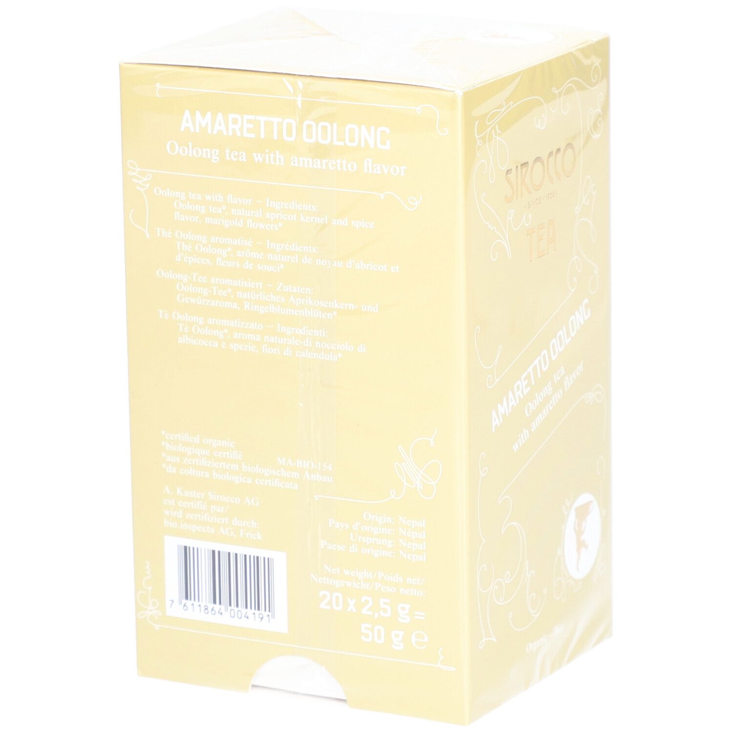 Dos de la boîte jaune "Sirocco Tea Amaretto Oolong". Informations textuelles et code-barres.