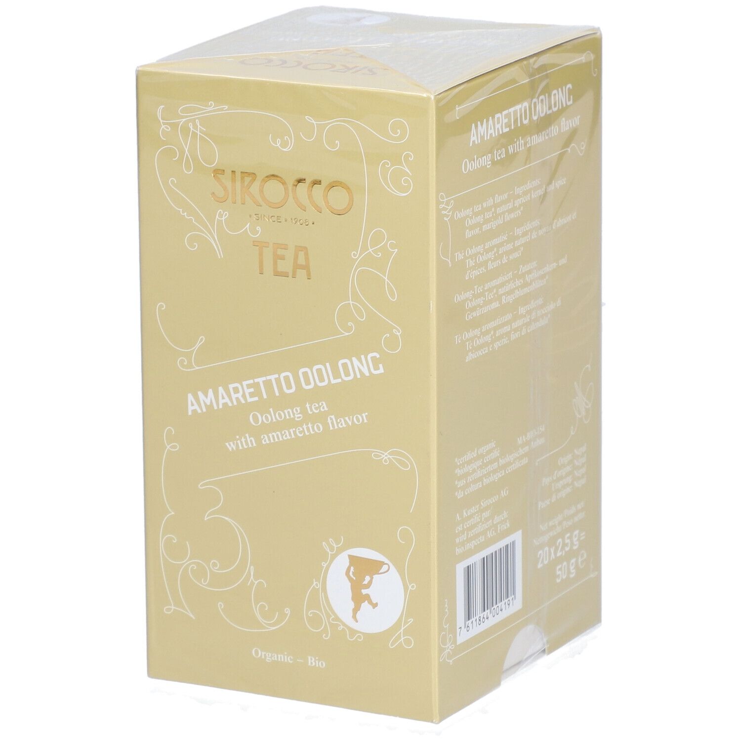 Boîte jaune "Sirocco Tea Amaretto Oolong". Emballage plastique transparent.