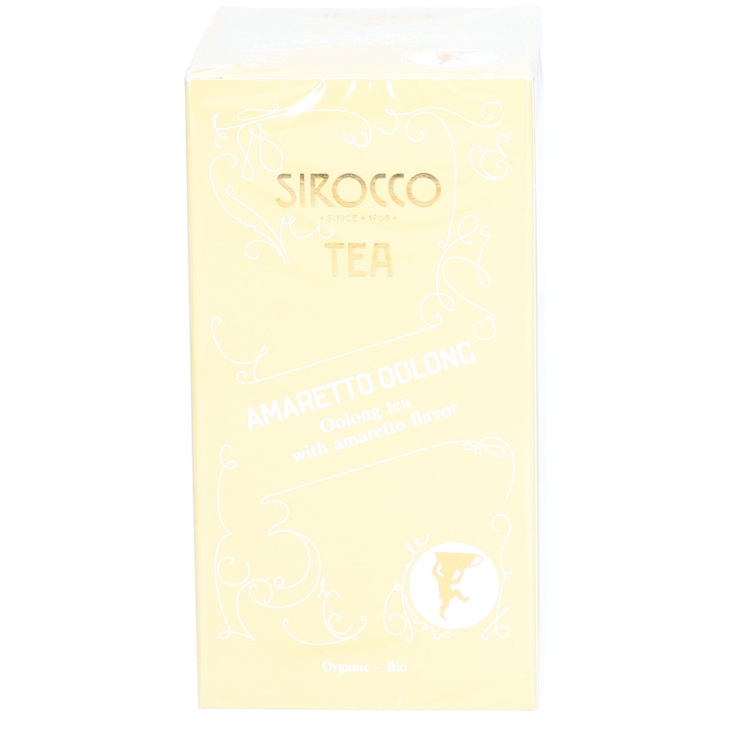 Boîte jaune "Sirocco Tea Amaretto Oolong". Emballage plastique transparent.