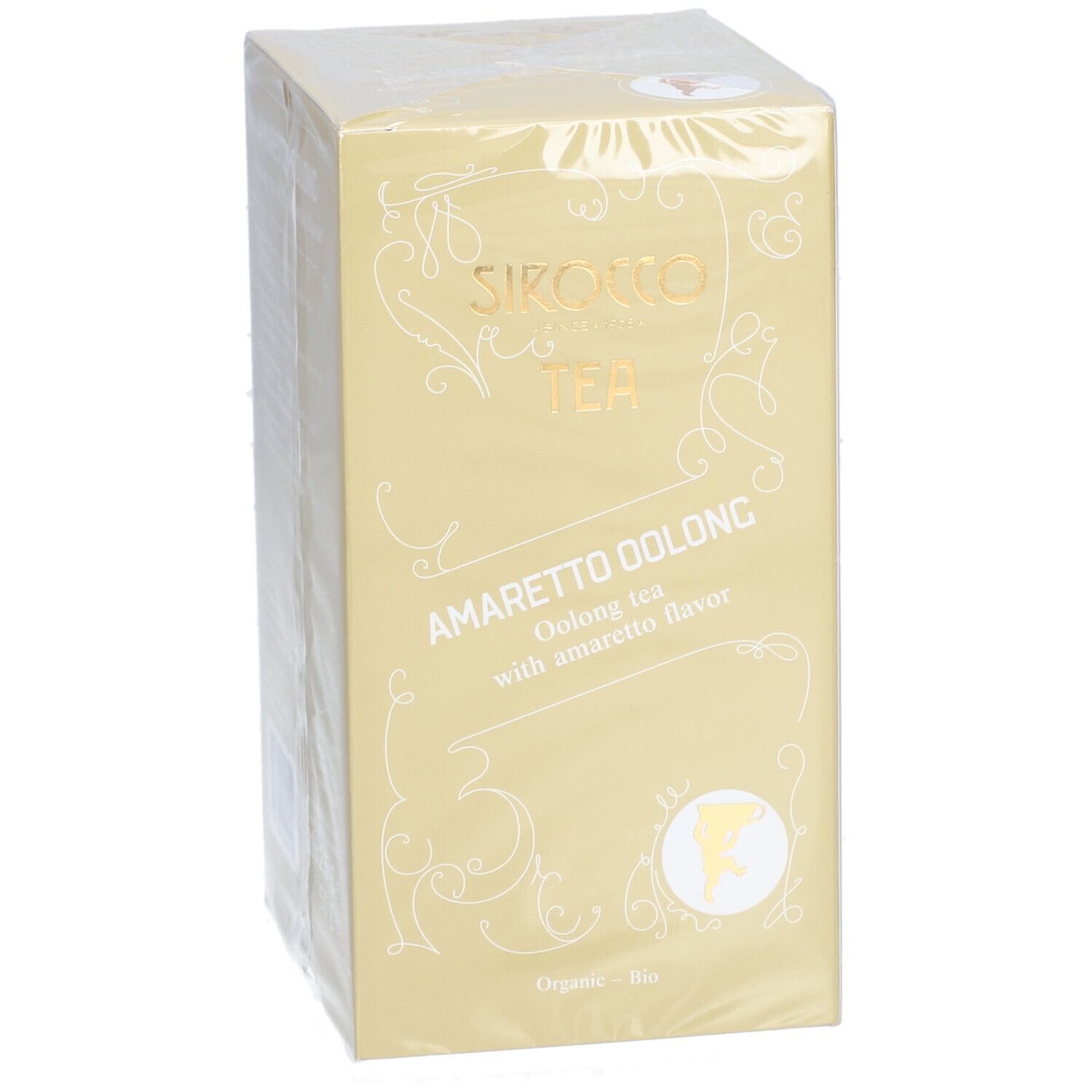 Boîte jaune "Sirocco Tea Amaretto Oolong". Emballage plastique transparent.