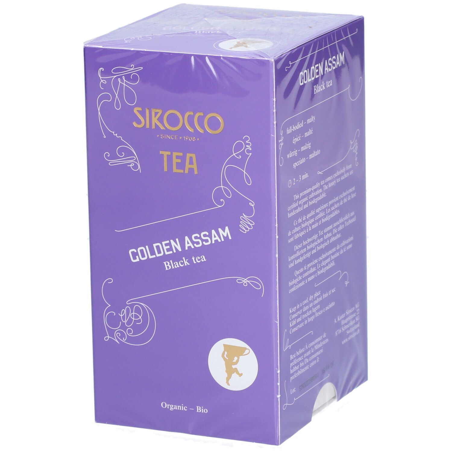 Verpakking van Sirocco Tea Golden Assam. Paarse doos met productnaam en logo. "Organic - Bio" afdruk.