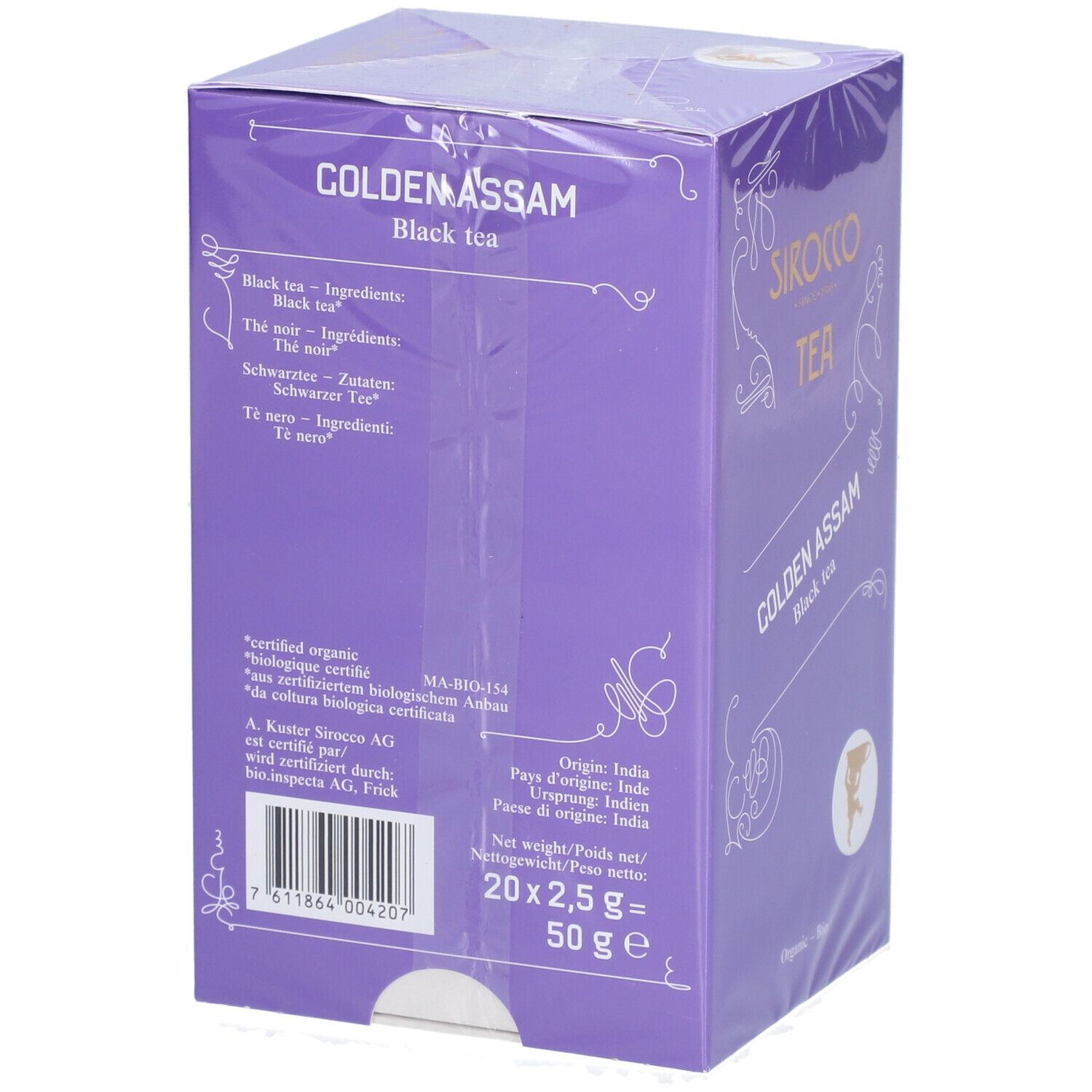 Achterkant van de verpakking van Sirocco Tea Golden Assam. Ingrediëntenlijst, herkomst India, barcode en certificering.