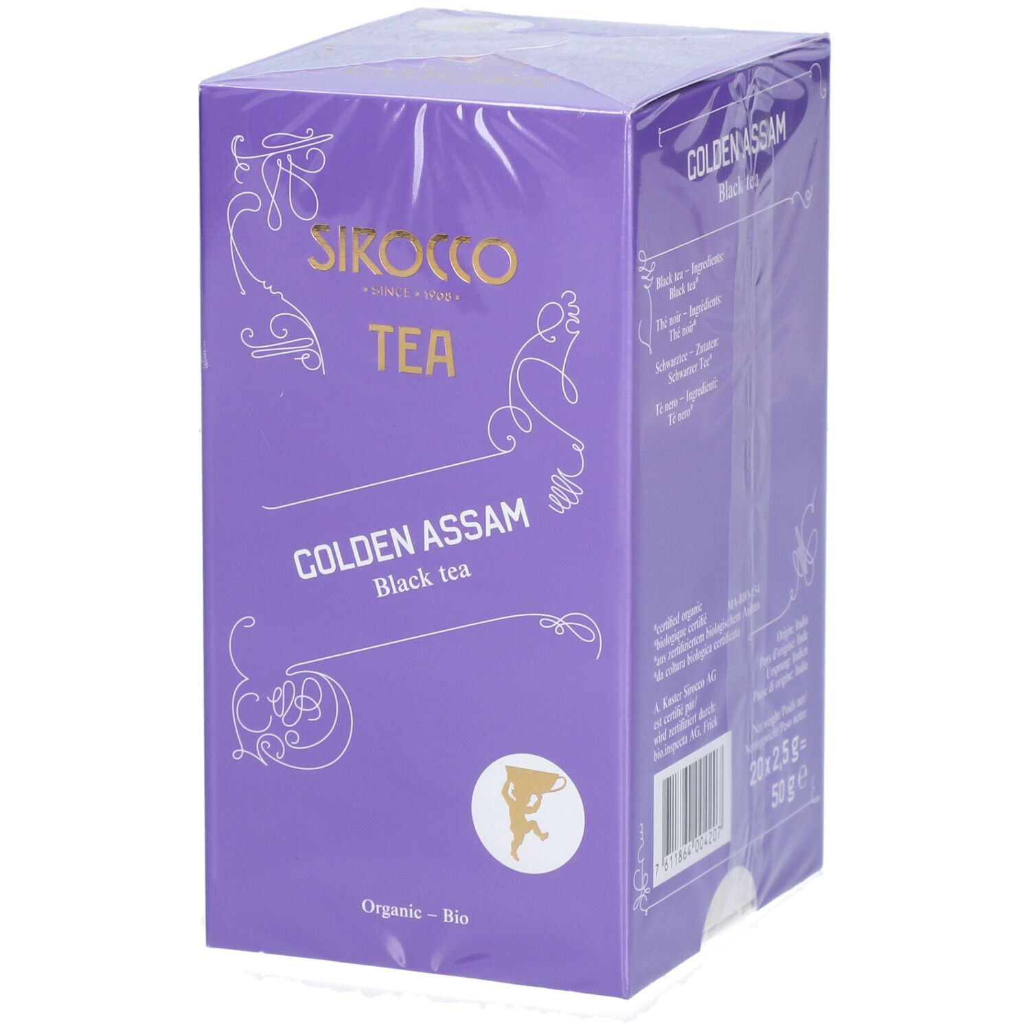 Verpakking van Sirocco Tea Golden Assam. Paarse doos met productnaam en logo. "Organic - Bio" afdruk.
