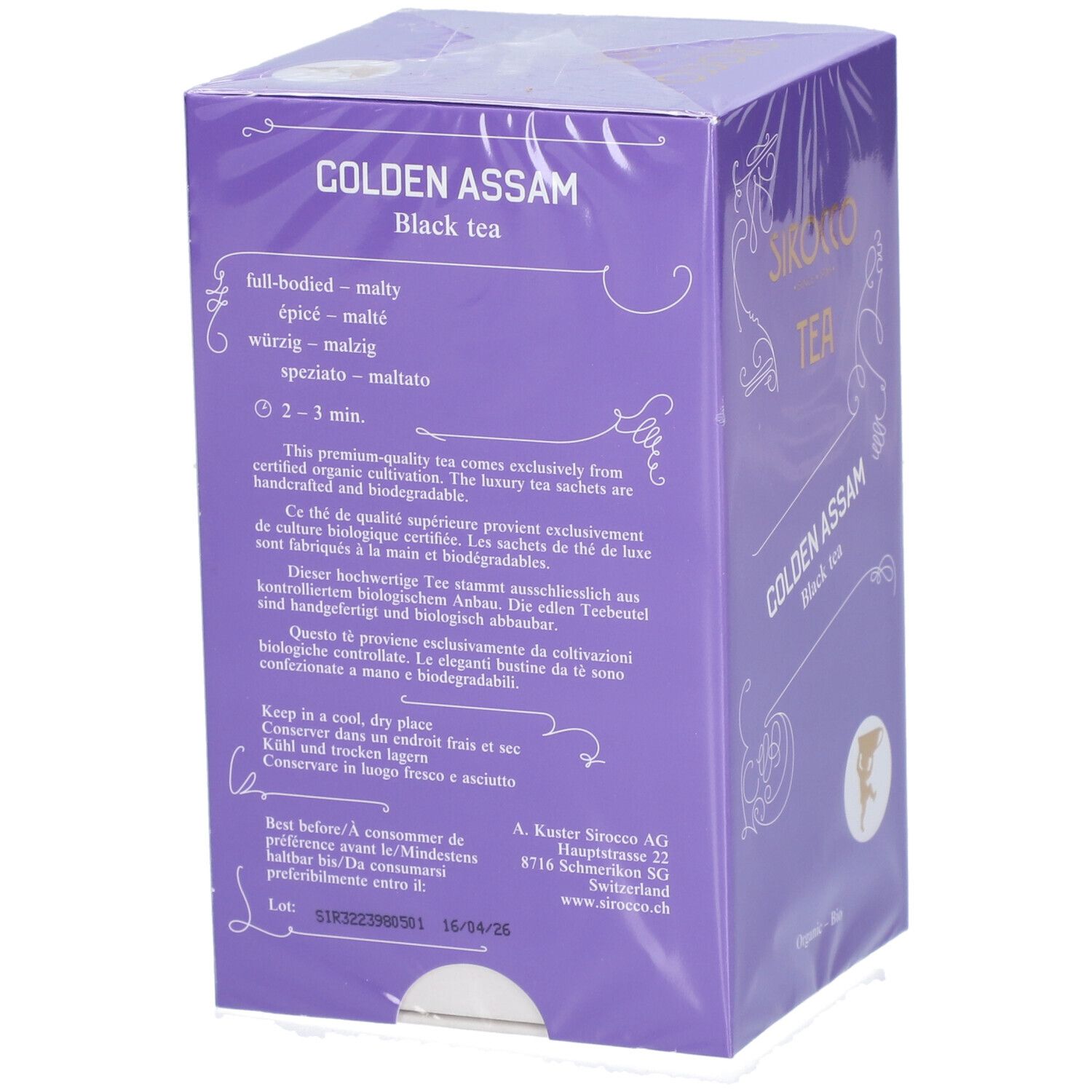 Verpakking van Sirocco Tea Golden Assam. Tekst over theekwaliteit, ingrediënten en houdbaarheid. Logo en adres.