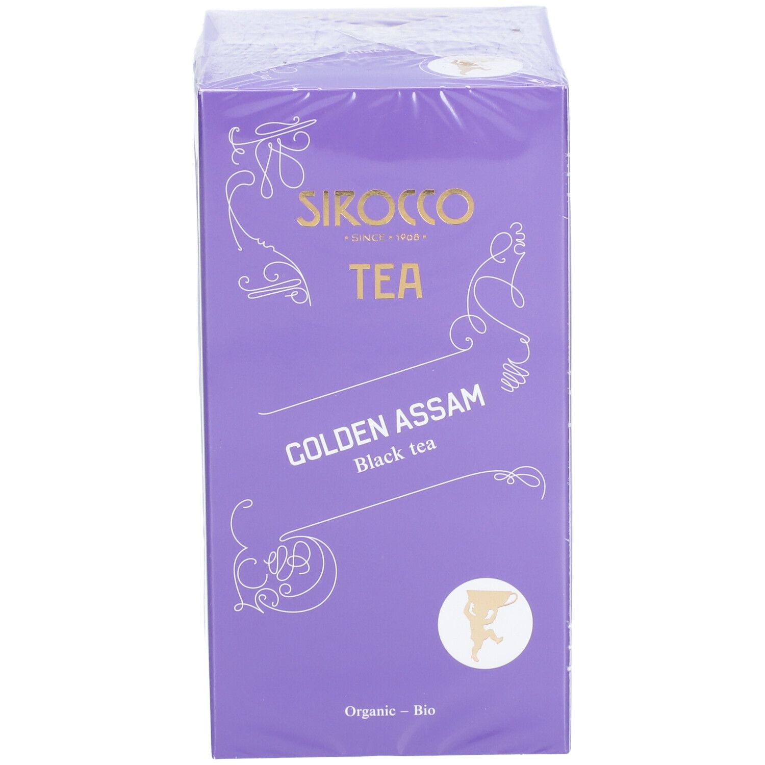 Verpakking van Sirocco Tea Golden Assam. Paarse doos met productnaam en logo. "Organic - Bio" afdruk.