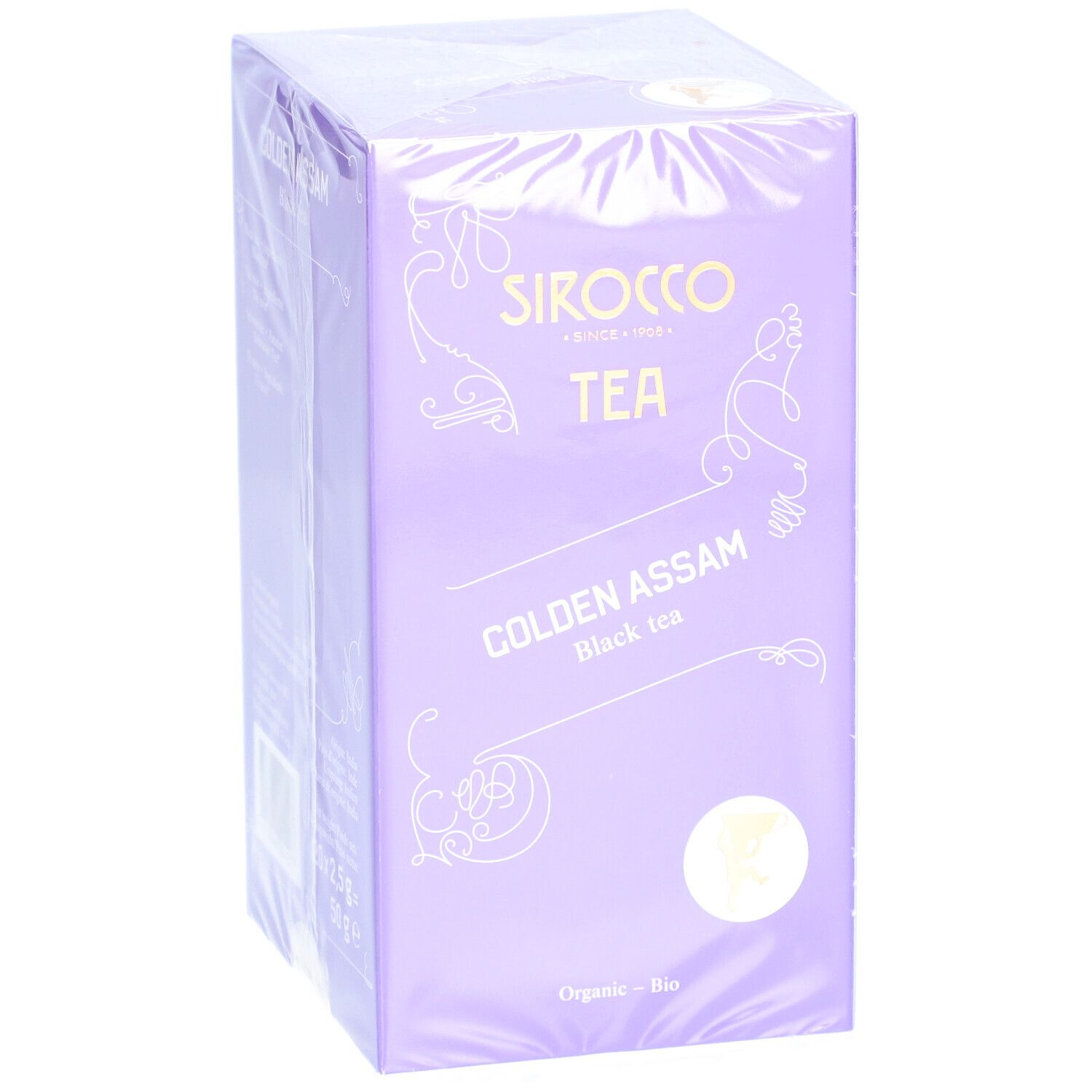 Verpakking van Sirocco Tea Golden Assam. Paarse doos met productnaam en logo. "Organic - Bio" afdruk.