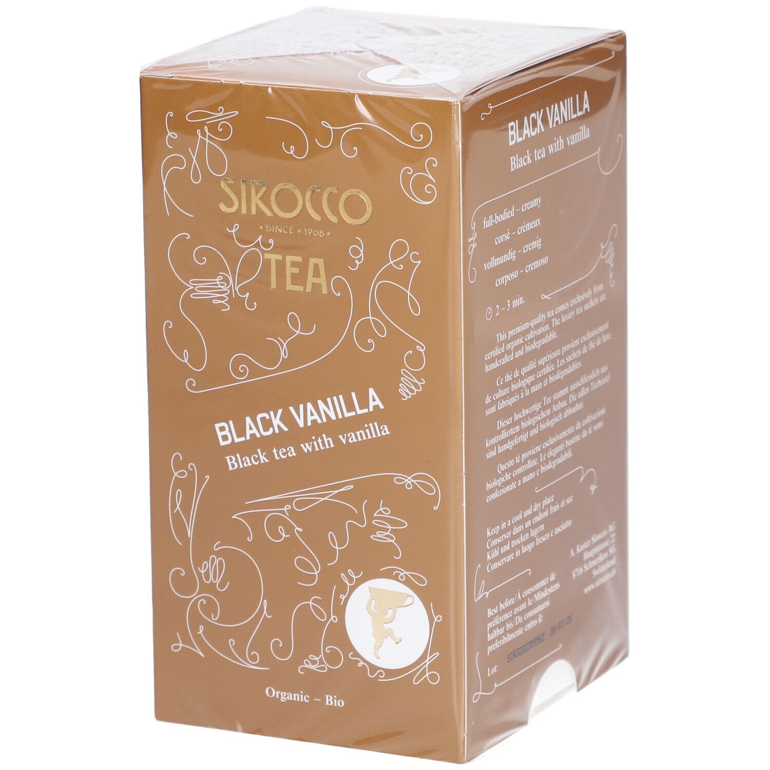 Boîte de thé Sirocco Black Vanilla. Marron, avec logo et nom du produit. Certification bio.