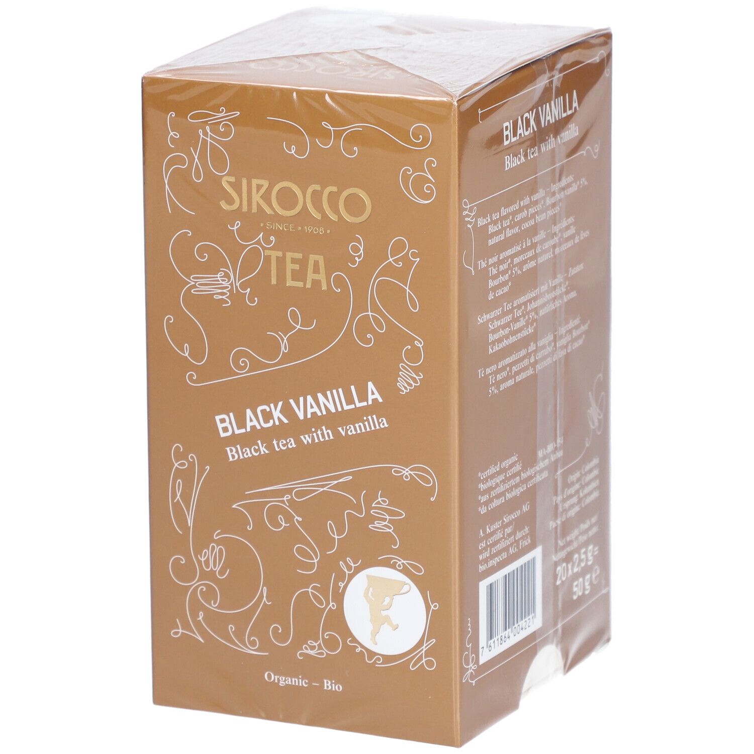 Boîte de thé Sirocco Black Vanilla. Marron, avec logo et nom du produit. Certification bio.