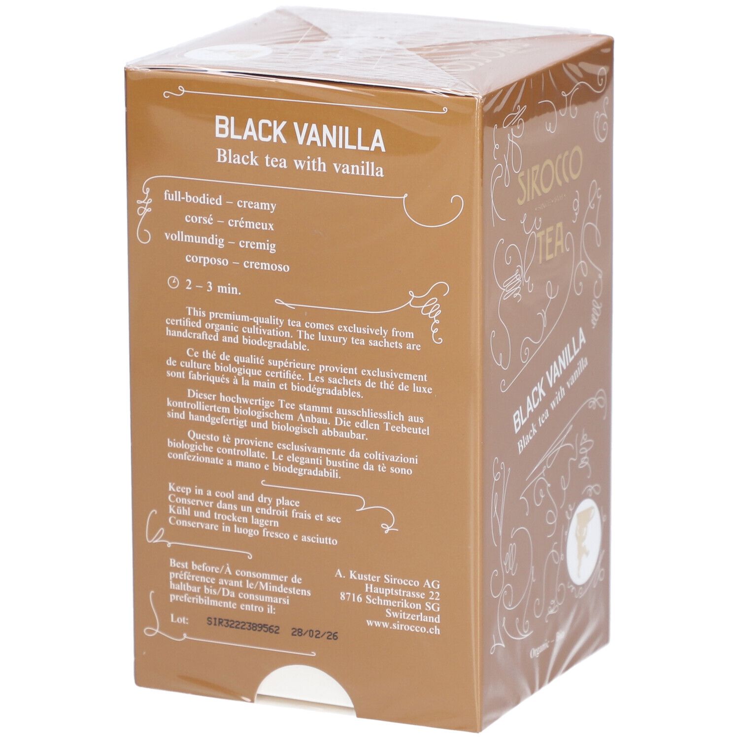 Boîte de thé Sirocco Black Vanilla. Informations sur le goût et la préparation.