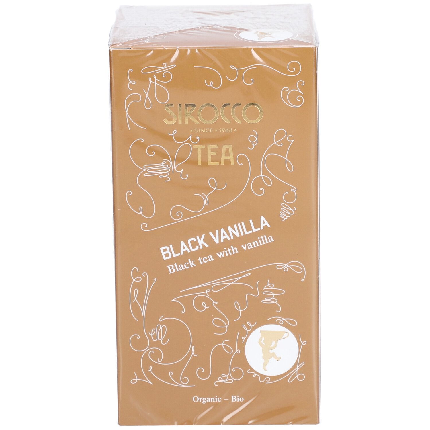Boîte rectangulaire Sirocco Black Vanilla. Marron, avec logo et nom du produit.
