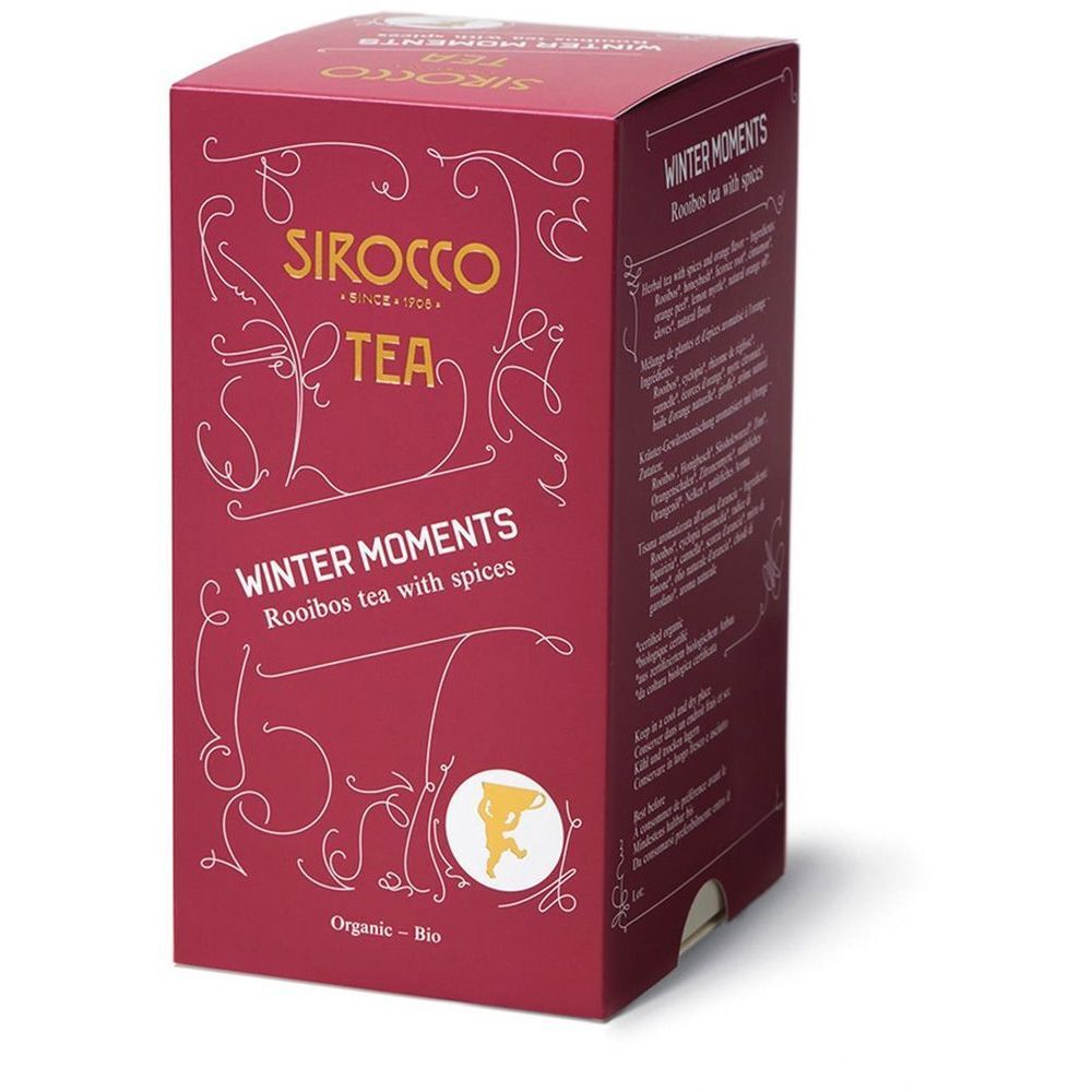 Boîte rouge "Sirocco Tea Winter Moments". Logo et nom du produit visibles. Inscription "Organic - Bio".