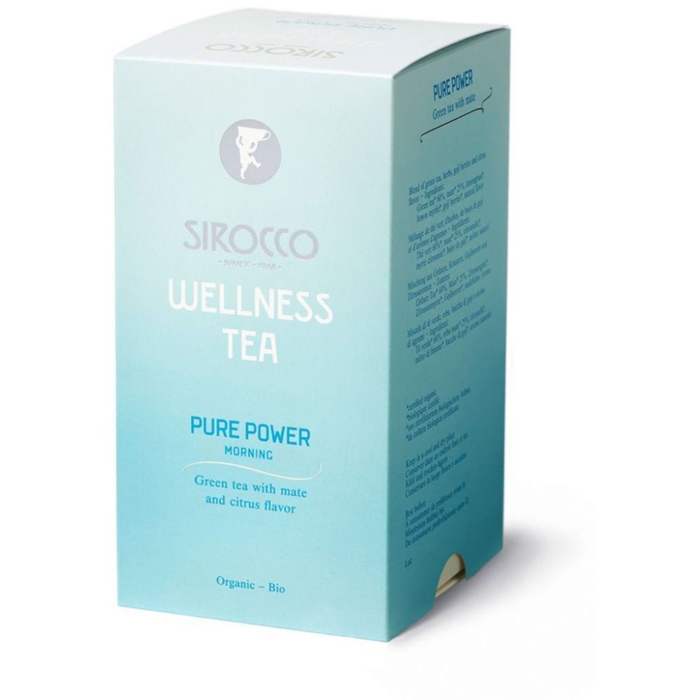 Lichtblauwe doos met "Sirocco Wellness Tea". Tekst: "Pure Power Morning". Bio-certificering.