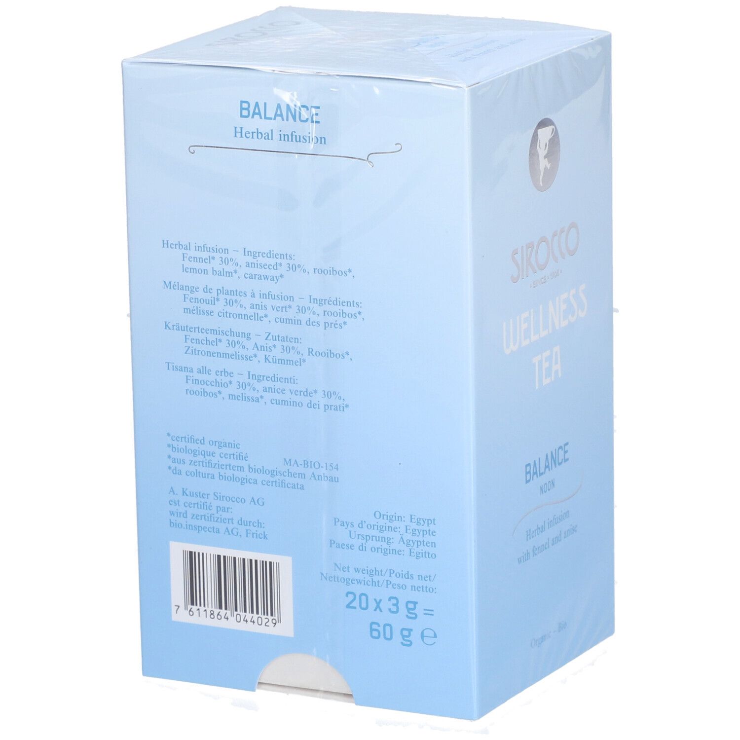 Dos de la boîte bleu clair Sirocco Wellness Tea Balance. Liste des ingrédients, origine Égypte, code-barres et poids.
