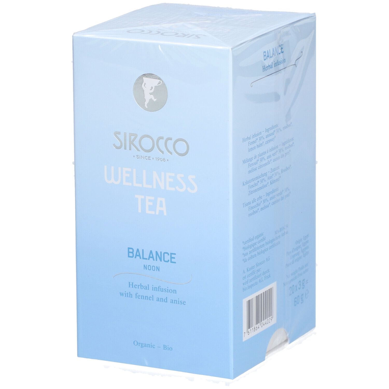 Boîte bleu clair Sirocco Wellness Tea Balance. Inscription: Herbal infusion with fennel and anise. Code-barres et poids.