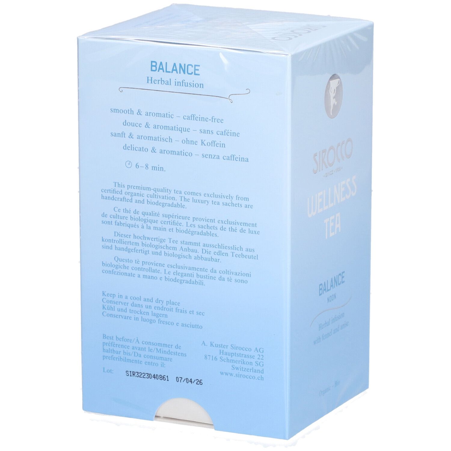 Dos de la boîte bleu clair Sirocco Wellness Tea Balance. Texte sur la qualité du thé, la durabilité et le stockage.