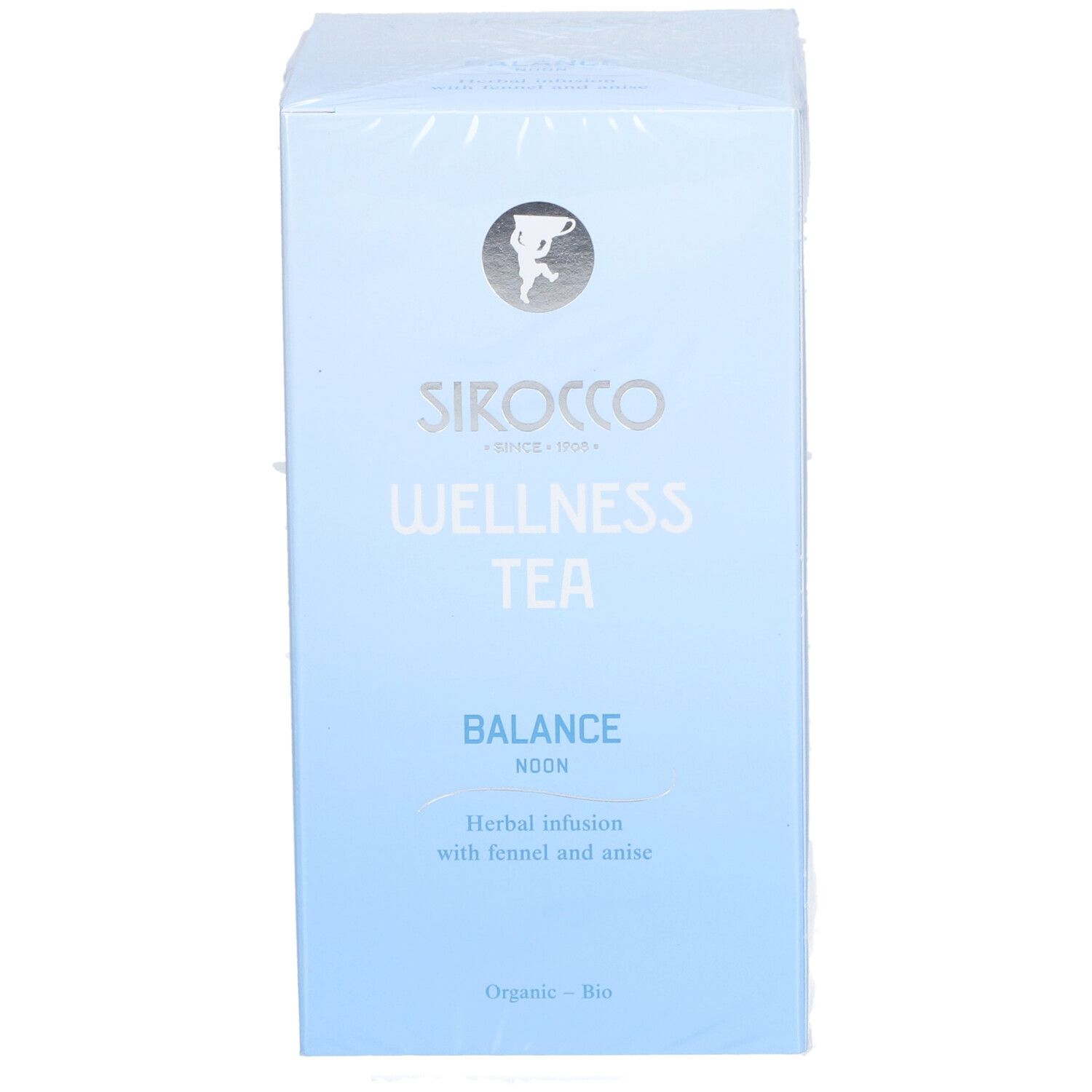 Boîte bleu clair Sirocco Wellness Tea Balance. Inscription: Herbal infusion with fennel and anise. Certification bio.