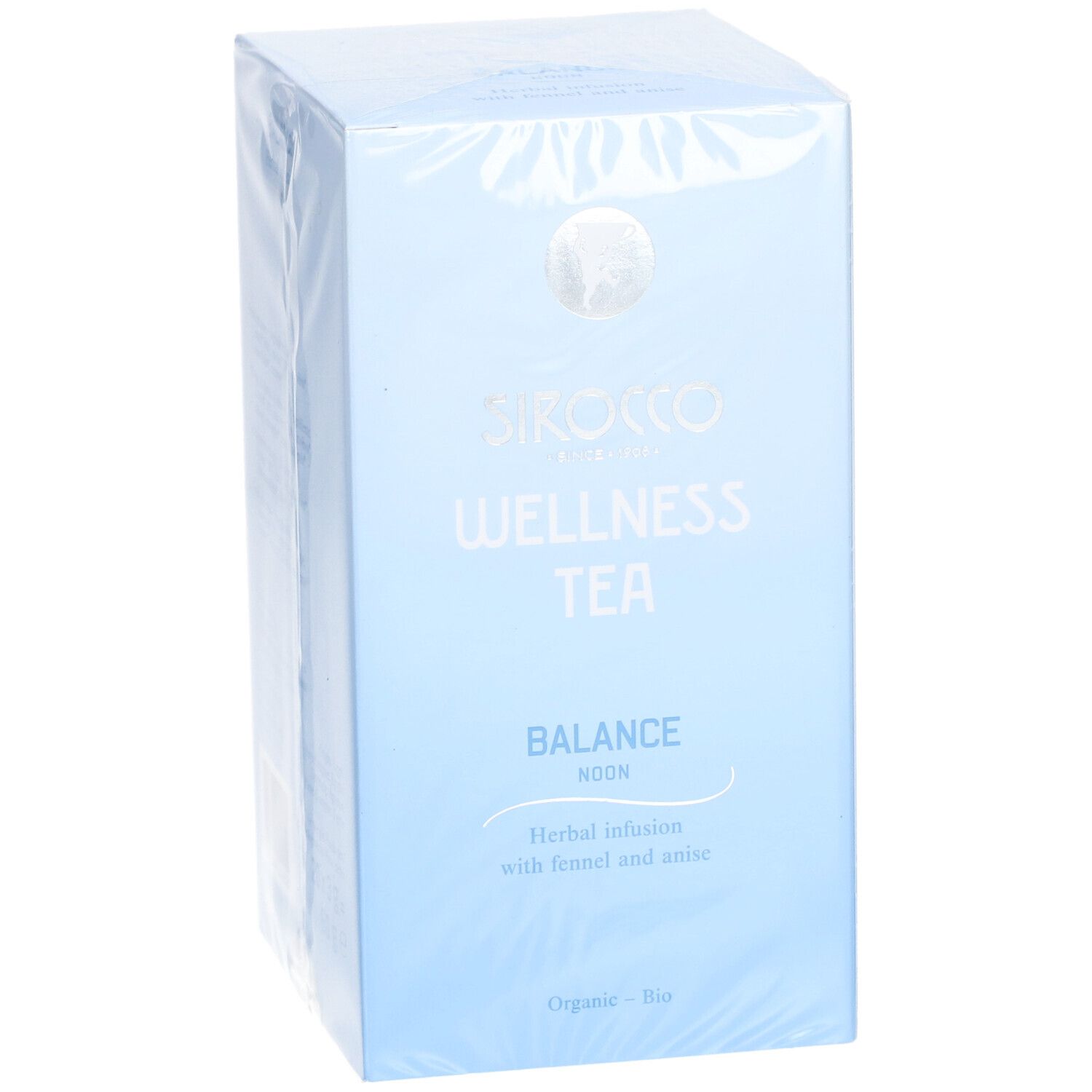 Boîte bleu clair Sirocco Wellness Tea Balance. Inscription: Herbal infusion with fennel and anise. Certification bio.