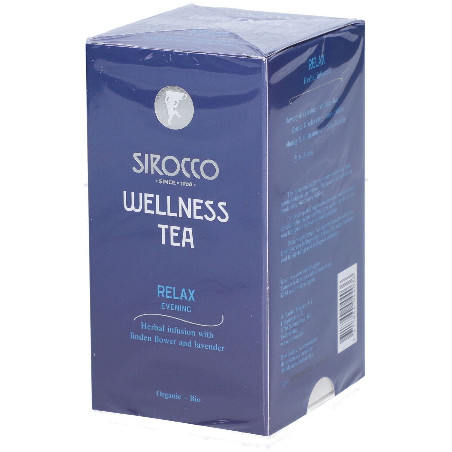 Blauwe doos "Sirocco Wellness Tea". Opschrift "Relax Evening". Kruideninfusie met lindebloesem en lavendel.