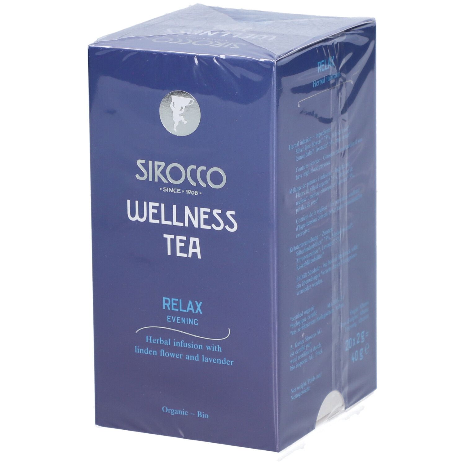 Blauwe doos "Sirocco Wellness Tea". "Relax Evening" en kruideninfusie met lindebloesem en lavendel. Verpakt.