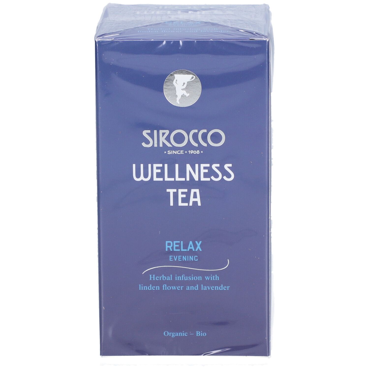 Blauwe doos "Sirocco Wellness Tea". "Relax Evening" en kruideninfusie met lindebloesem en lavendel.