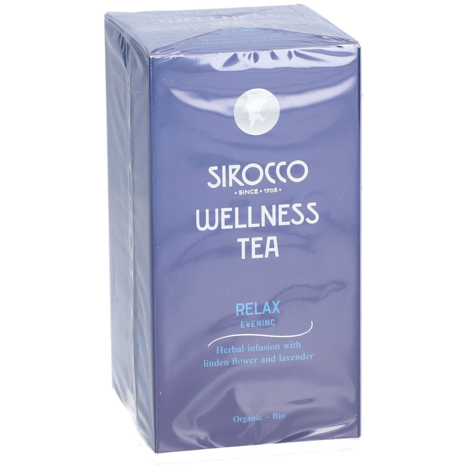 Blauwe doos "Sirocco Wellness Tea". "Relax Evening" en kruideninfusie met lindebloesem en lavendel.