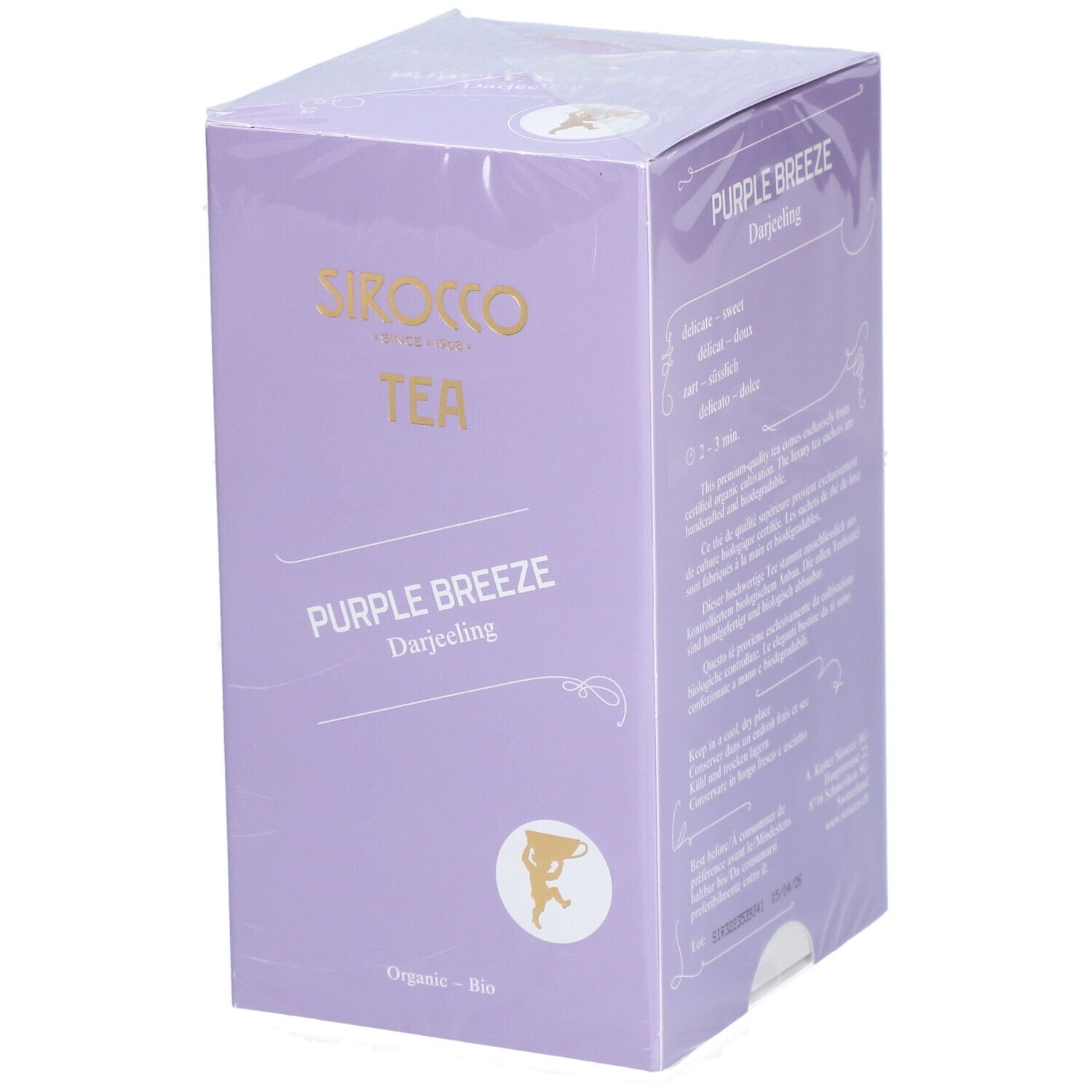 Emballage de thé Sirocco Bio Purple Breeze Darjeeling. Boîte violette avec nom et logo du produit. "Organic - Bio".