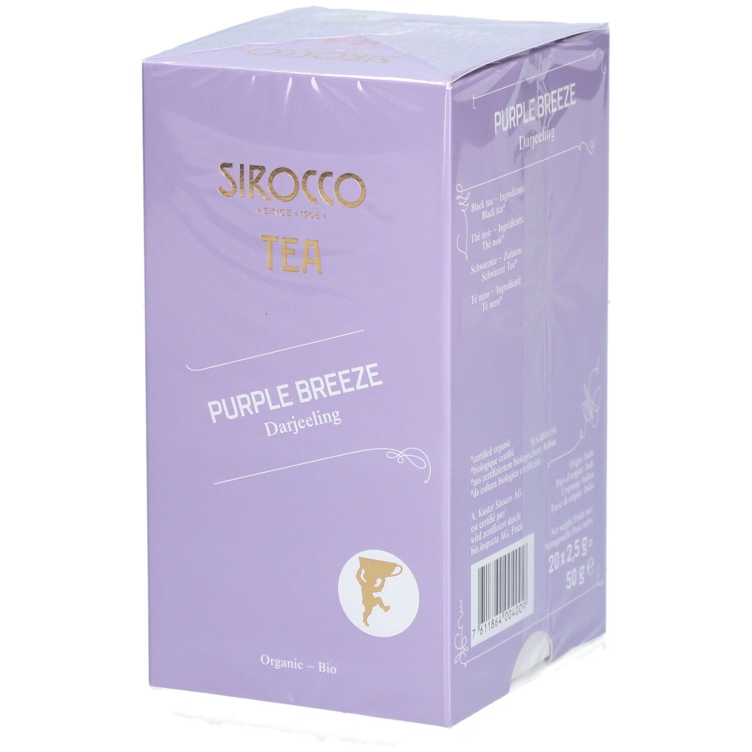 Emballage de thé Sirocco Bio Purple Breeze Darjeeling. Boîte violette avec nom et logo du produit. "Organic - Bio".
