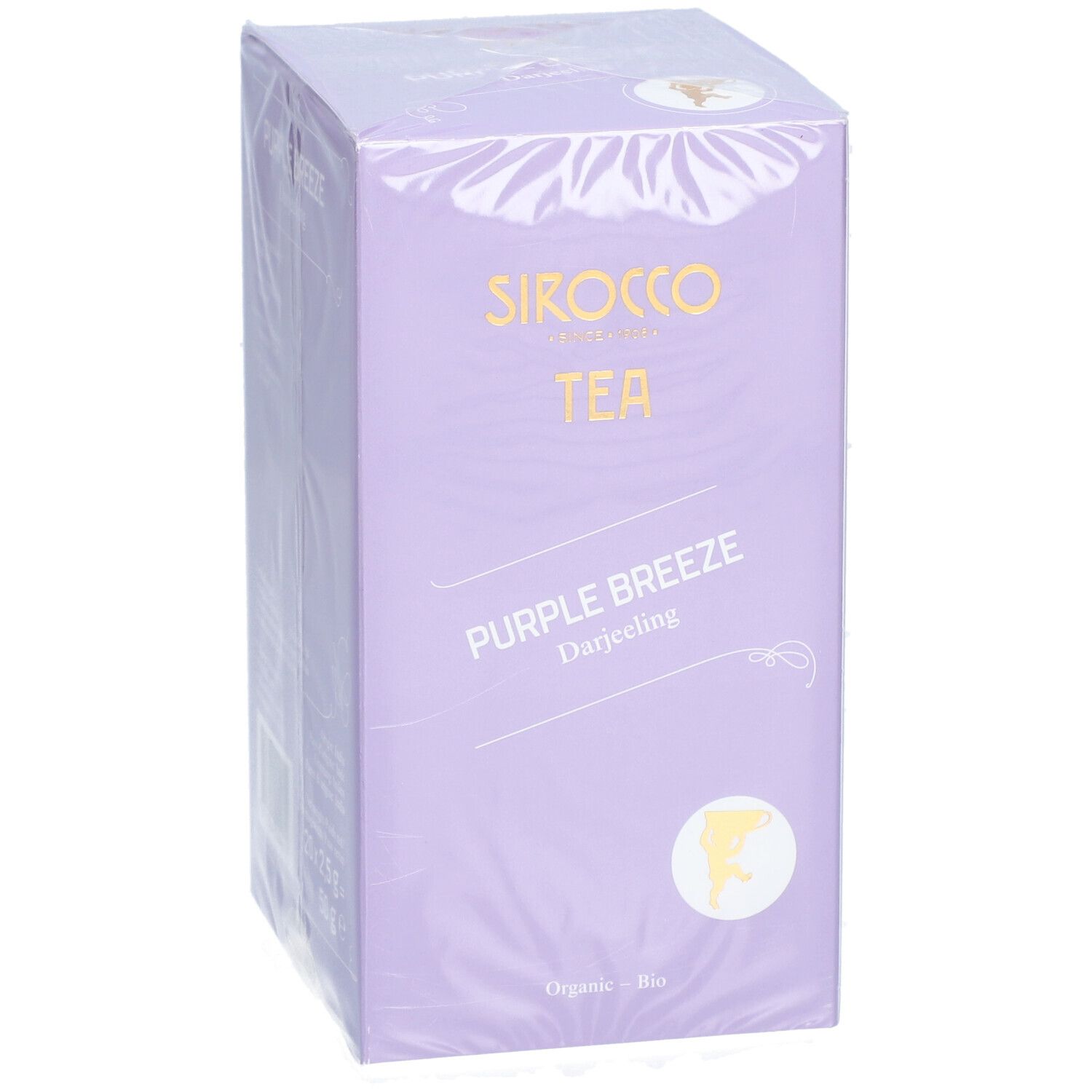 Emballage de thé Sirocco Bio Purple Breeze Darjeeling. Boîte violette avec nom et logo du produit. "Organic - Bio".