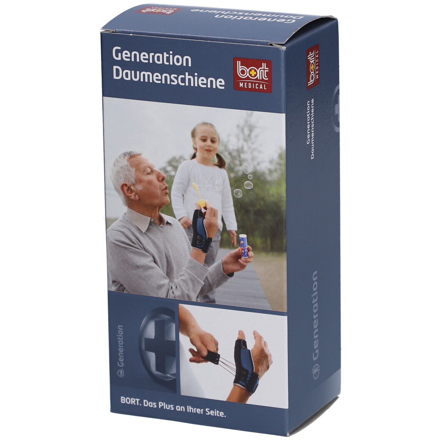 Productverpakking. Generation Daumenschiene van BORT MEDICAL. Illustratie van man en kind. Productafbeelding.