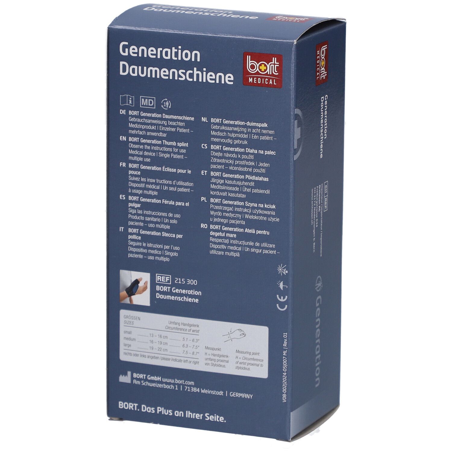 Productverpakking. Generation Daumenschiene van BORT MEDICAL. Tekst in meerdere talen. Maatinformatie. Blauwe achtergrond.