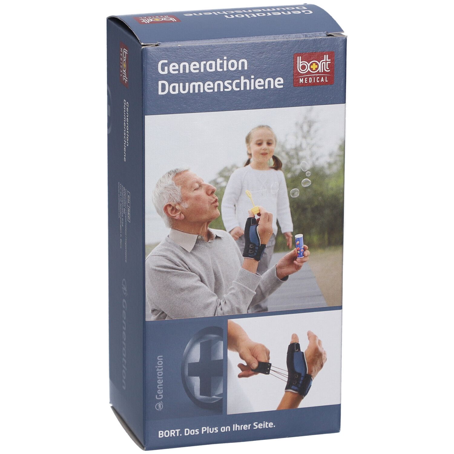 Productverpakking. Generation Daumenschiene van BORT MEDICAL. Illustratie van man en kind. Productafbeelding.
