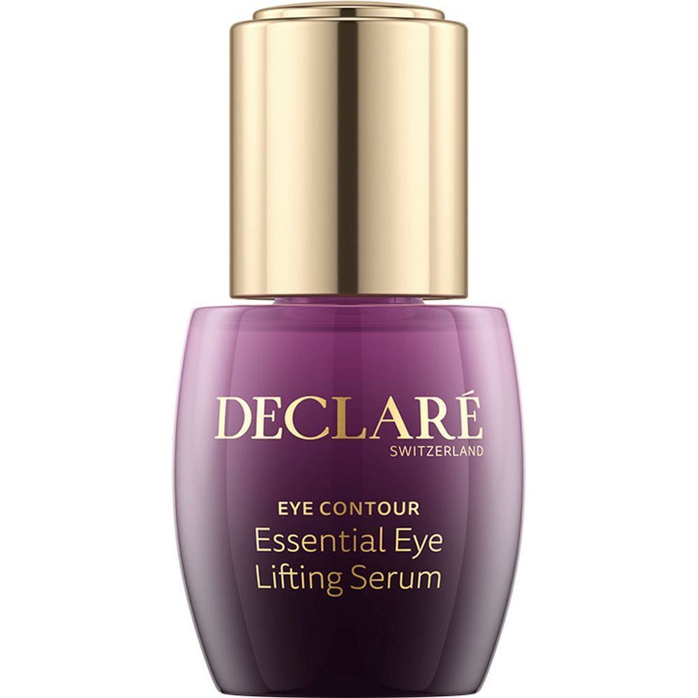 Flacon violet avec bouchon doré. Inscription : DECLARÉ, EYE CONTOUR, Essential Eye Lifting Serum.