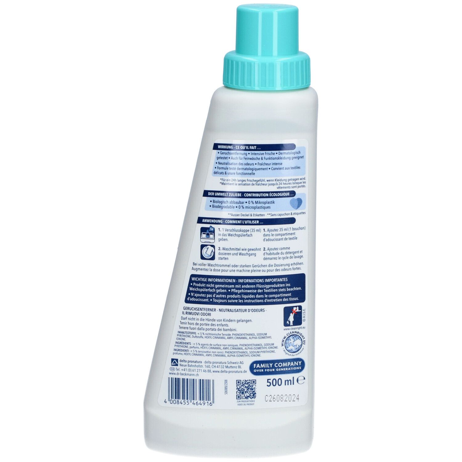 Achterkant van de fles. Tekst en pictogrammen. Bevat informatie over gebruik en ingrediënten.