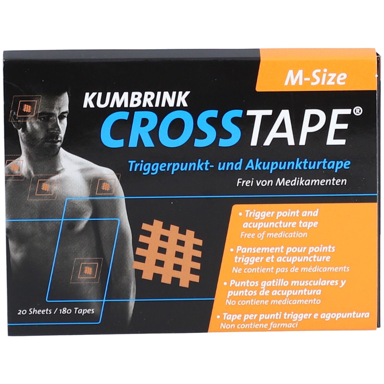 Verpakking van CROSSTAPE. Zwarte doos met productnaam en beschrijving. Bevat 20 vellen/180 tapes. M-Size.