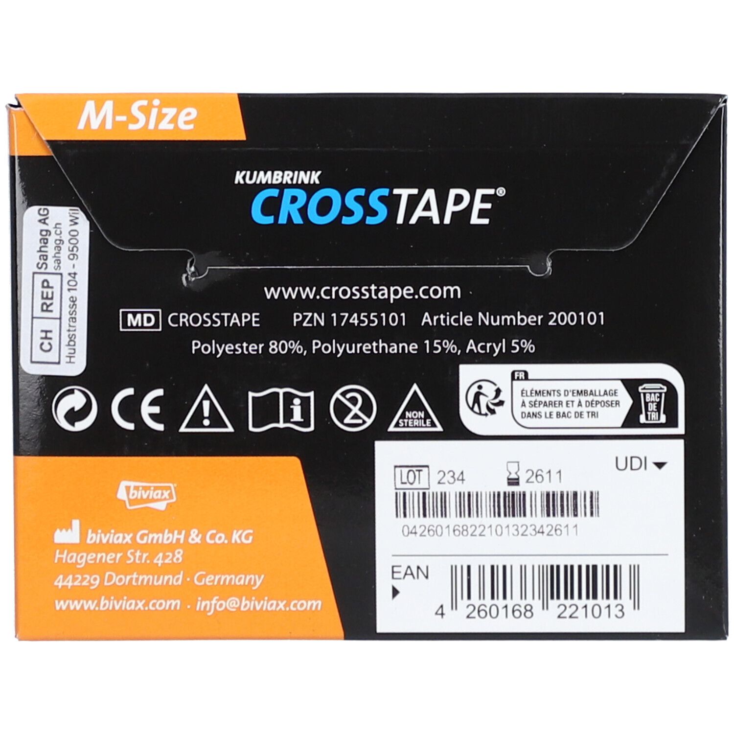 Achterkant van de CROSSTAPE-verpakking. Bevat informatie zoals fabrikant, ingrediënten, lotnummer en EAN-code. M-Size.
