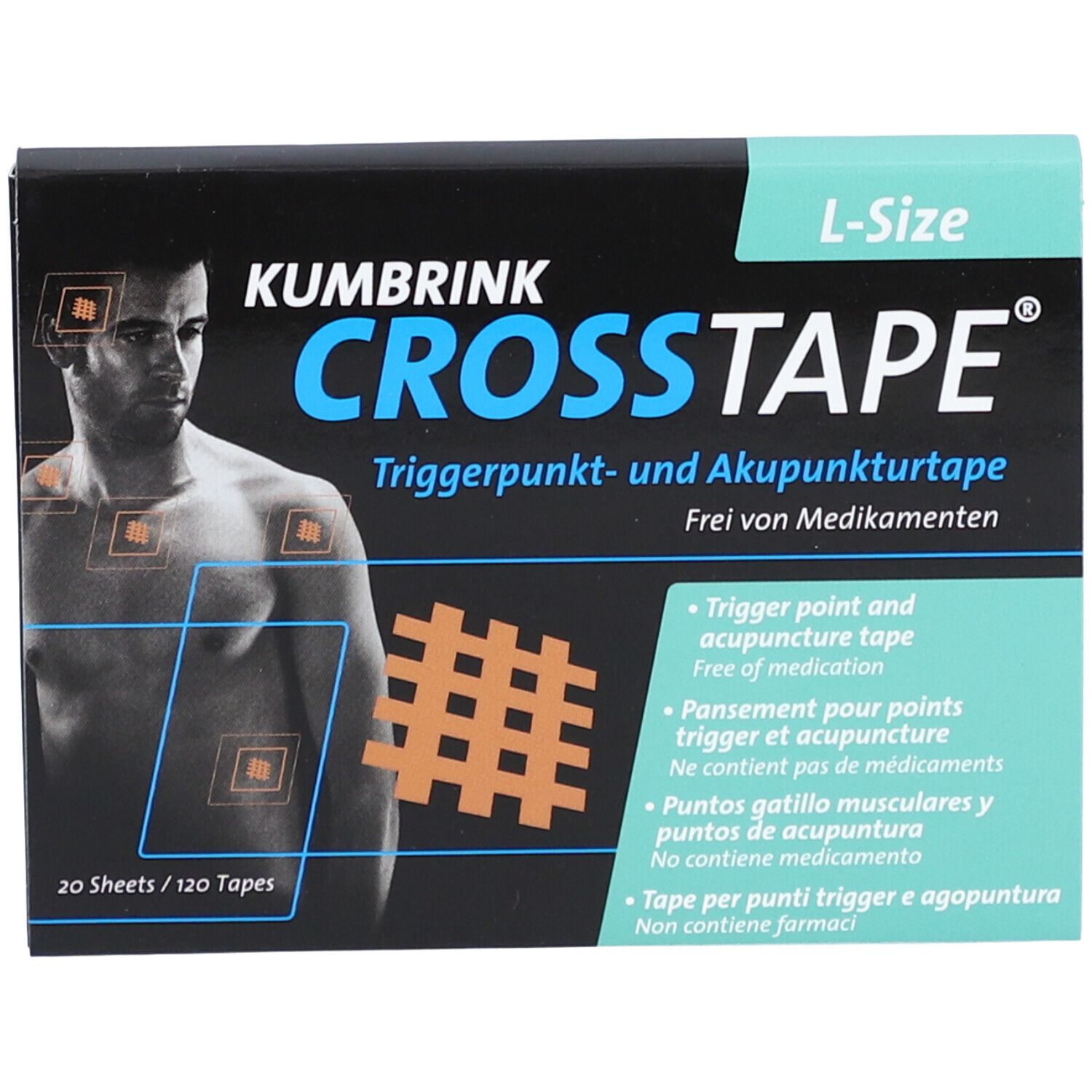 CROSSTAPE-verpakking. Zwarte doos met productnaam en man. Bevat 20 vellen met 120 tapes. L-Size.