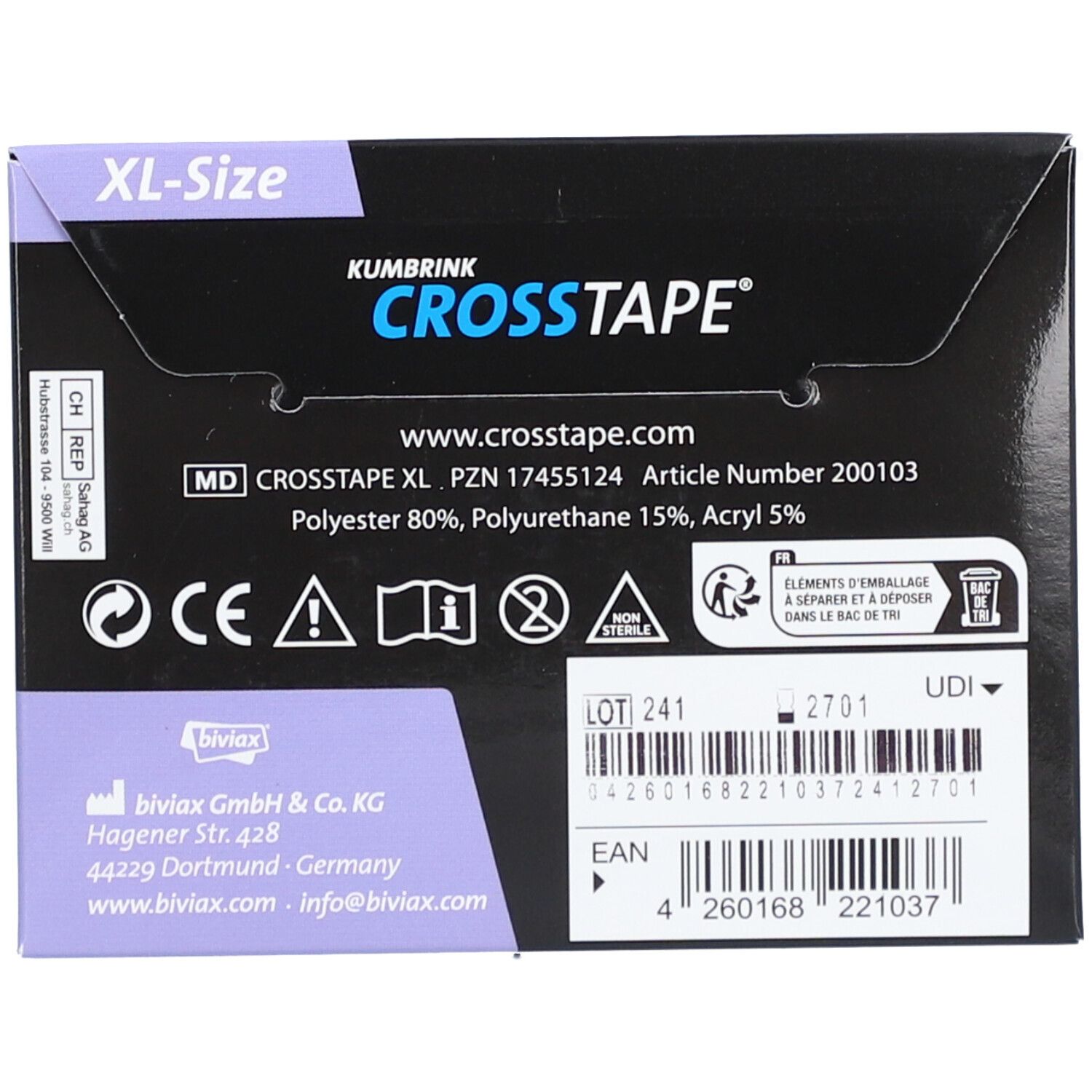 Achterkant van de CROSSTAPE-verpakking. Opschrift: XL-Size, KUMBRINK, CROSS TAPE. Bevat informatie over materiaal en fabrikant. Met CE-markering.