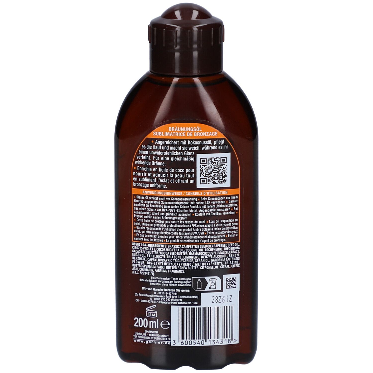 Dos de la bouteille d'huile. Texte et code QR. Contient de l'huile de coco. 200 ml. Code EAN et numéro de lot.
