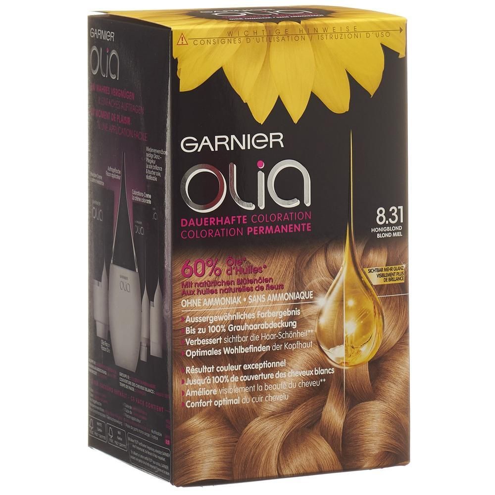 Doosje Garnier Olia haarkleuring. Opschrift: 8.31 Asblond goud. Bevat 60% oliën. Zonder ammoniak. Dekking tot 100% grijs haar.