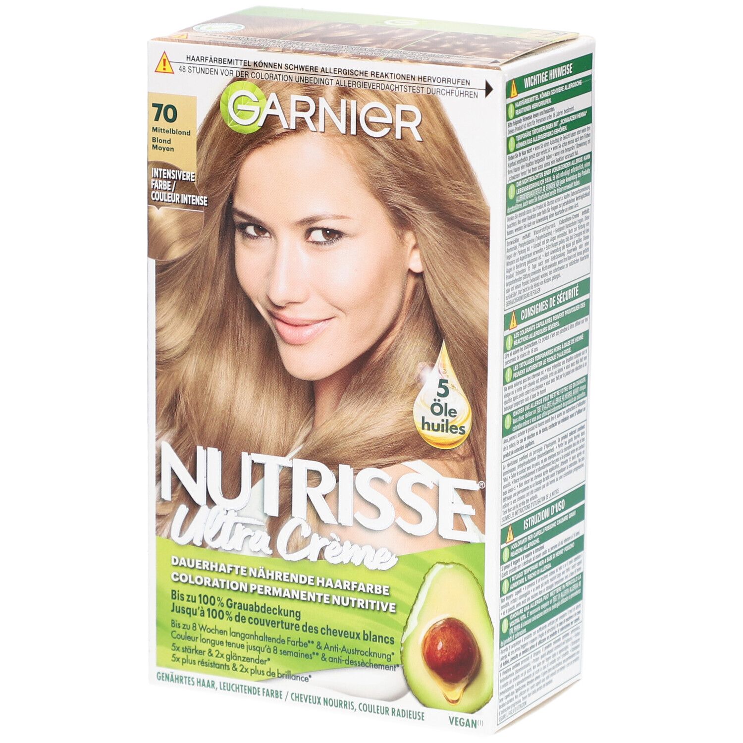 Verpakking Garnier Nutrisse Crème. Kleur 70 Middenblond. Afbeelding van een blonde vrouw. Avocado-illustratie.