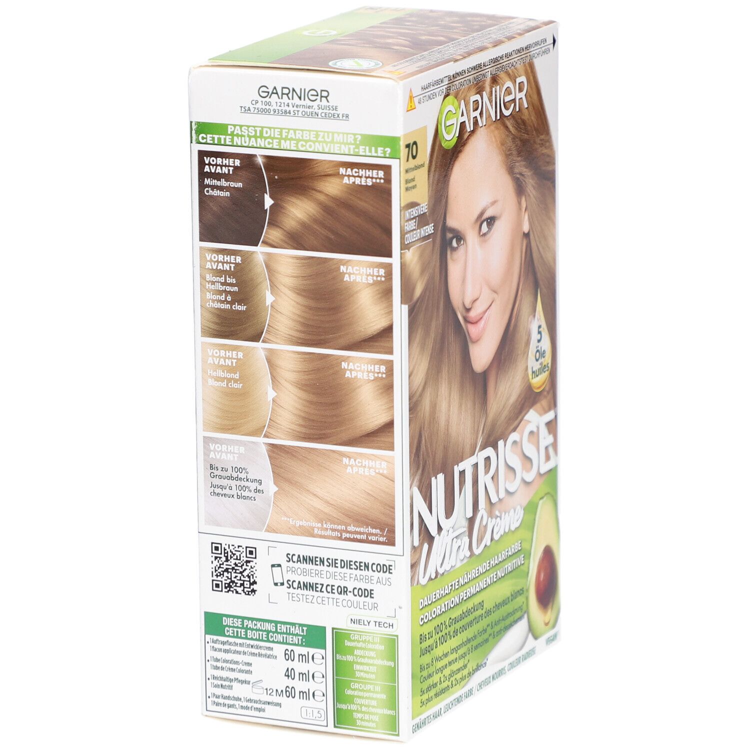 Garnier Nutrisse Crème verpakking, zijaanzicht. Kleur 70 Middenblond. Vergelijking voor/na. QR-code.