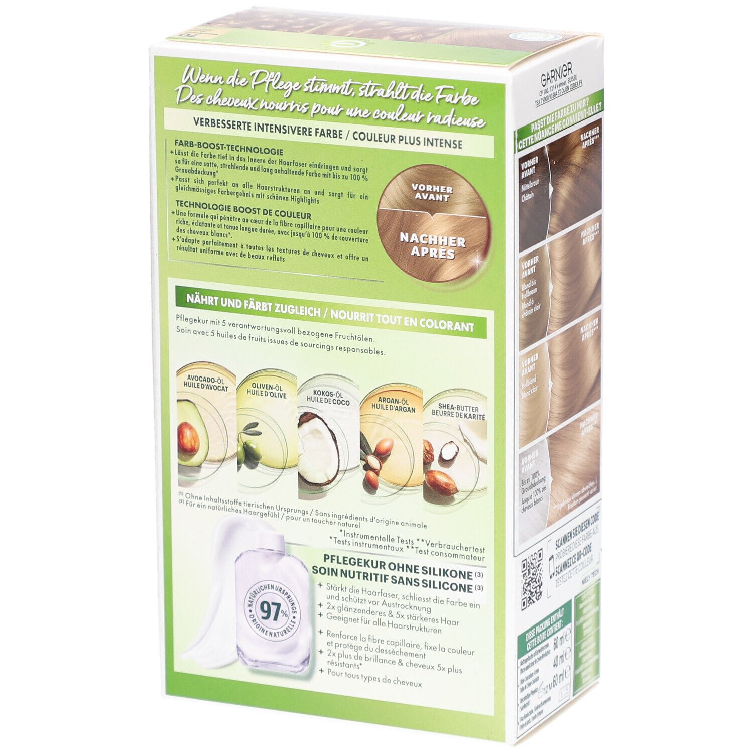 Achterkant van de Garnier Nutrisse Crème verpakking. Illustraties van oliën. Tekst: Voedt en kleurt tegelijkertijd.