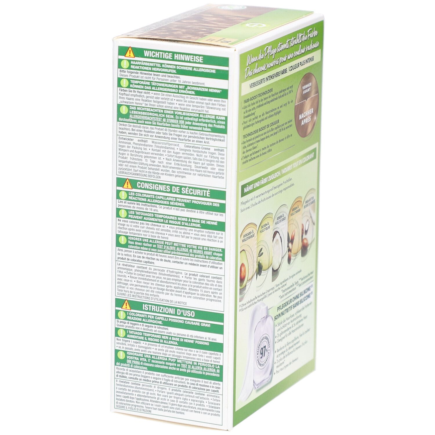 Garnier Nutrisse Crème verpakking, zijaanzicht. Waarschuwingen en instructies in meerdere talen.