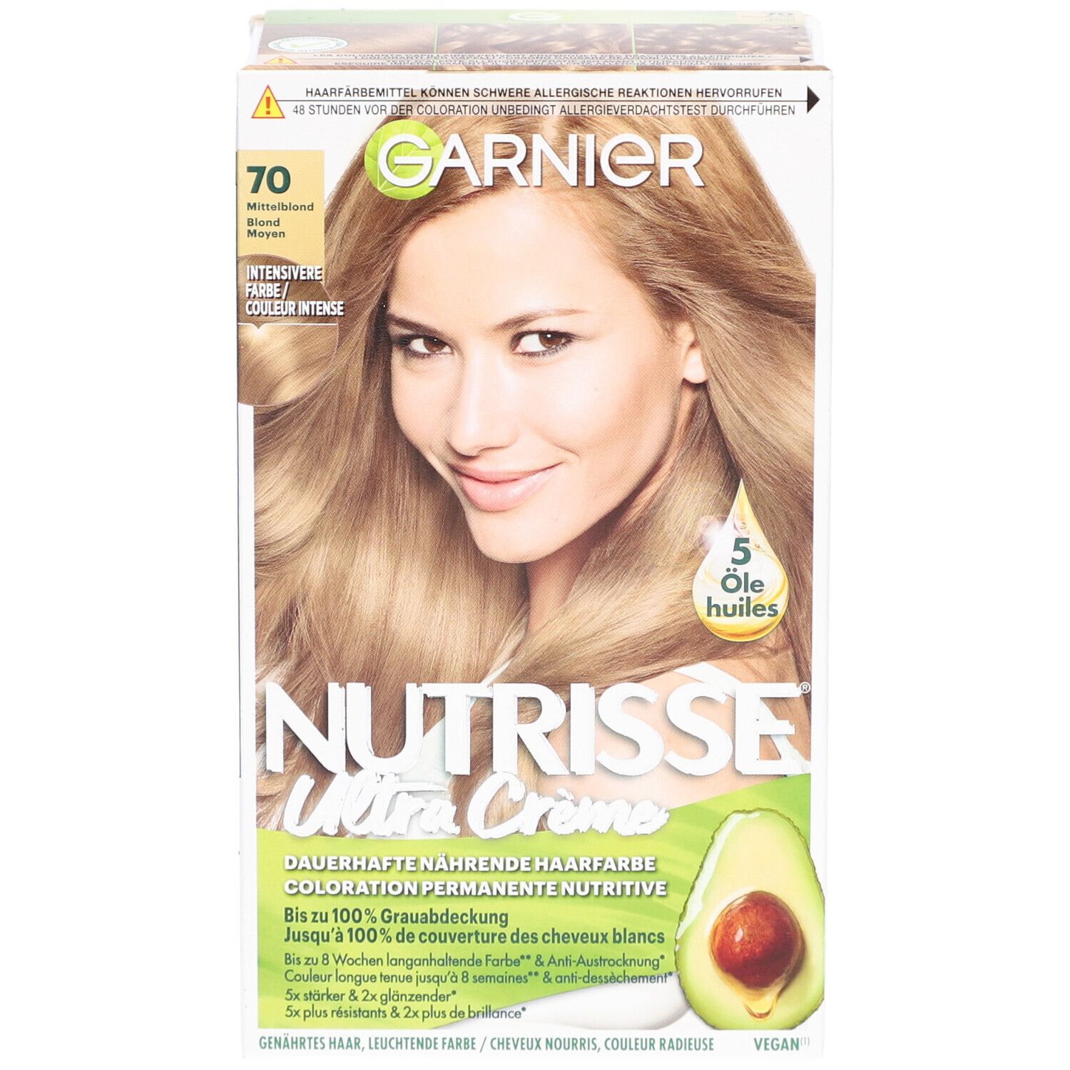 Garnier Nutrisse Crème verpakking. Kleur 70 Middenblond. Afbeelding van een blonde vrouw. Avocado-illustratie.